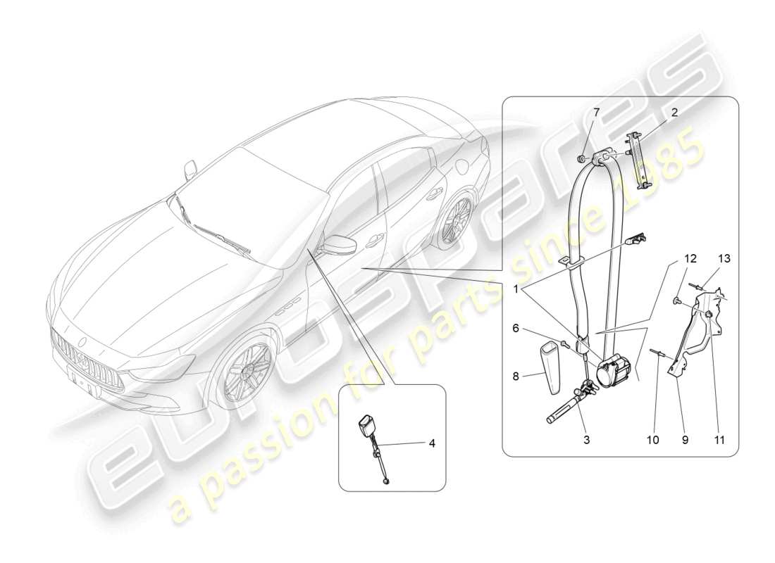 maserati ghibli (2018) diagrama de piezas de los cinturones de seguridad delanteros