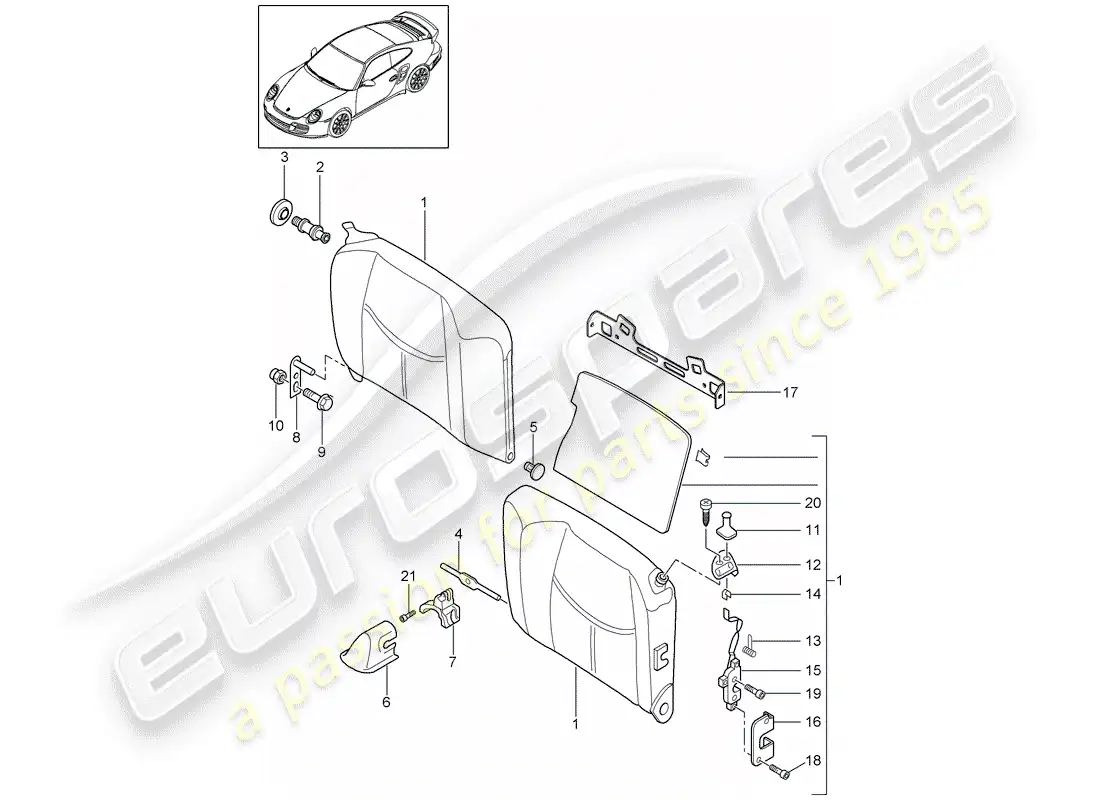 porsche 2009 997-2 turbo / gt2 respaldo del asiento de emergencia diagrama de piezas