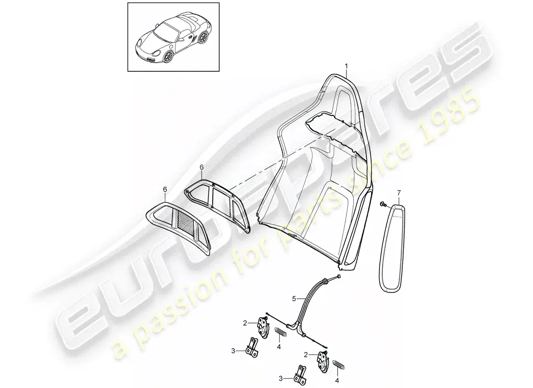 porsche 2009 (987 boxster) carcasa del respaldo diagrama de piezas