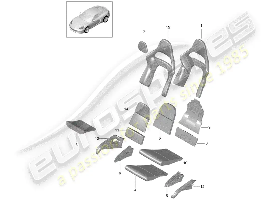 porsche 2019 (718 cayman) parte de espuma diagrama de piezas