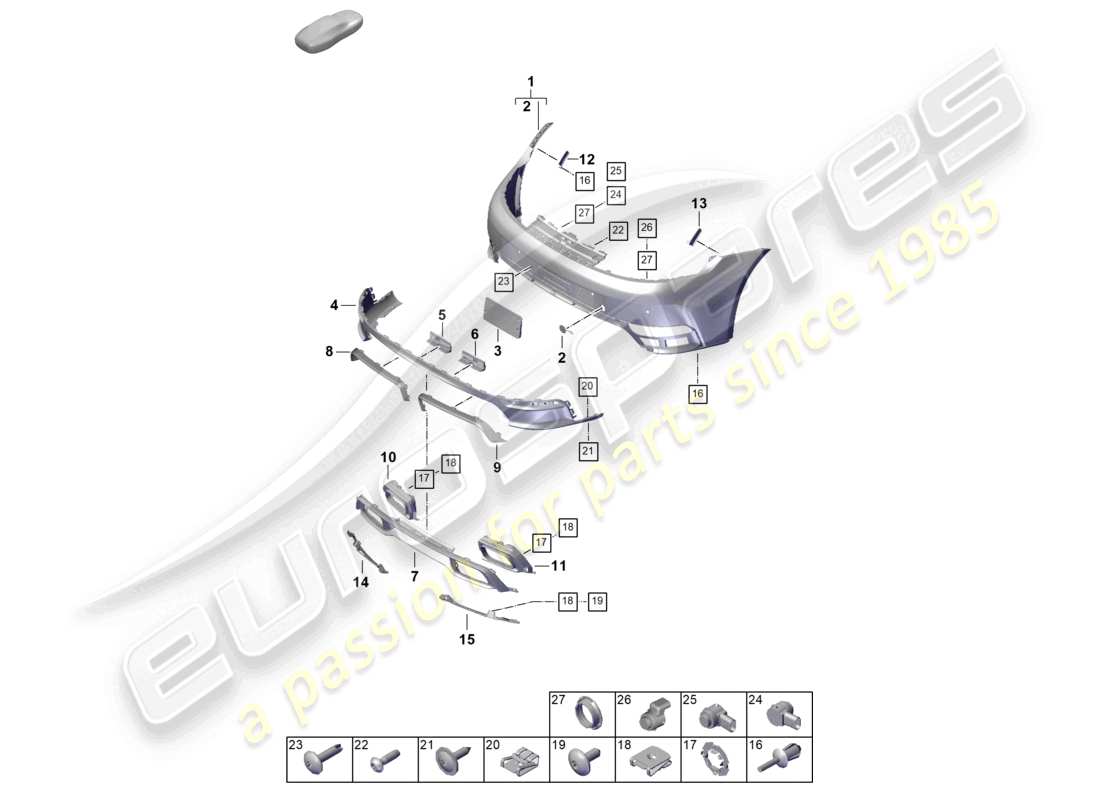 porsche 2024 (992-2) diagrama de piezas del paquete sport design del parachoques trasero