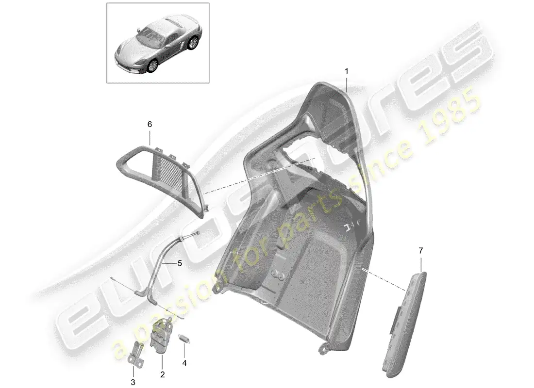 porsche 2019 (718 boxster) carcasa del respaldo diagrama de piezas