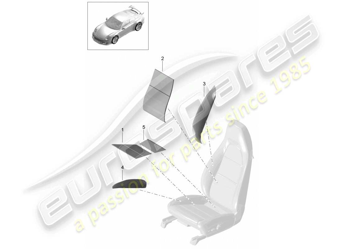 porsche 2021 (991-2 r/gt3/rs) diagrama de piezas del asiento deportivo plegable del elemento calefactor