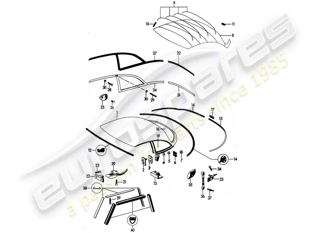 porsche 1961 (356b/356c) techo rígido diagrama de piezas