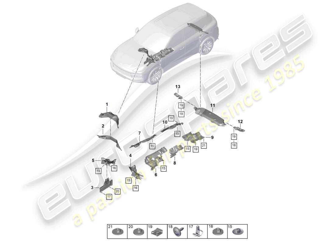 porsche 2023 (cayenne e3 pa) diagrama de piezas de accesorios para bajos de carrocería con aislamiento térmico