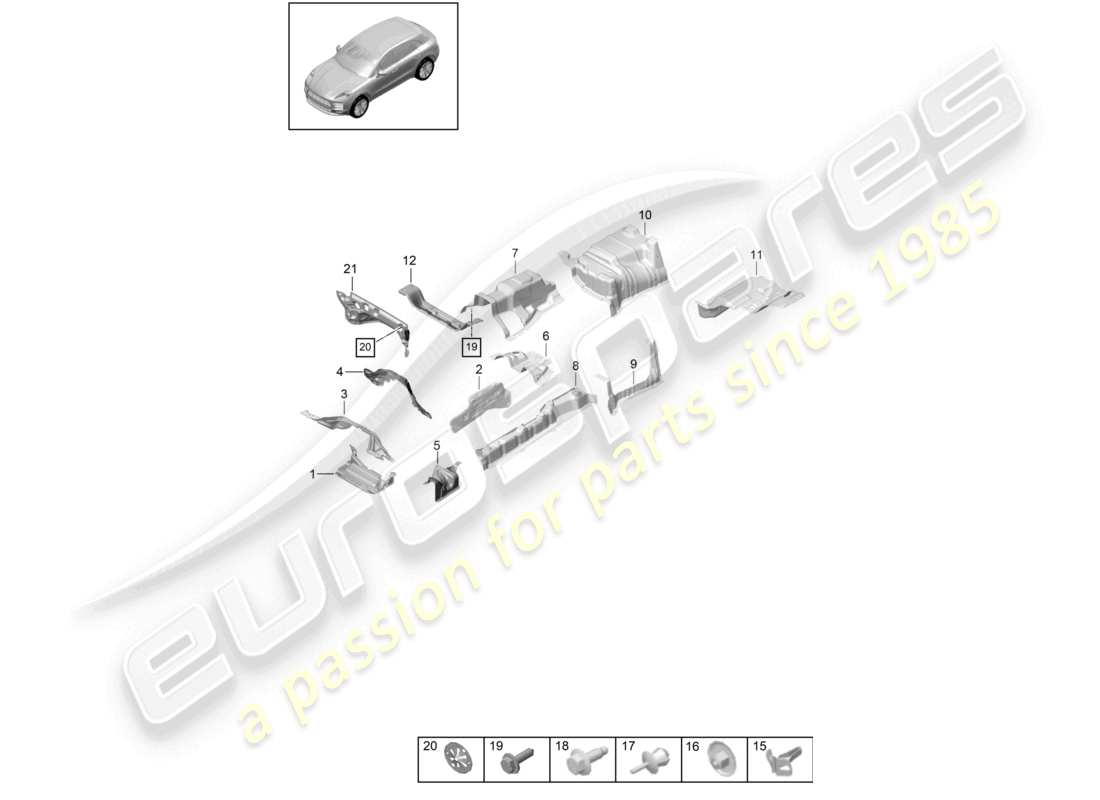 porsche 2021 (macan) diagrama de piezas de los bajos del vehículo con aislamiento térmico