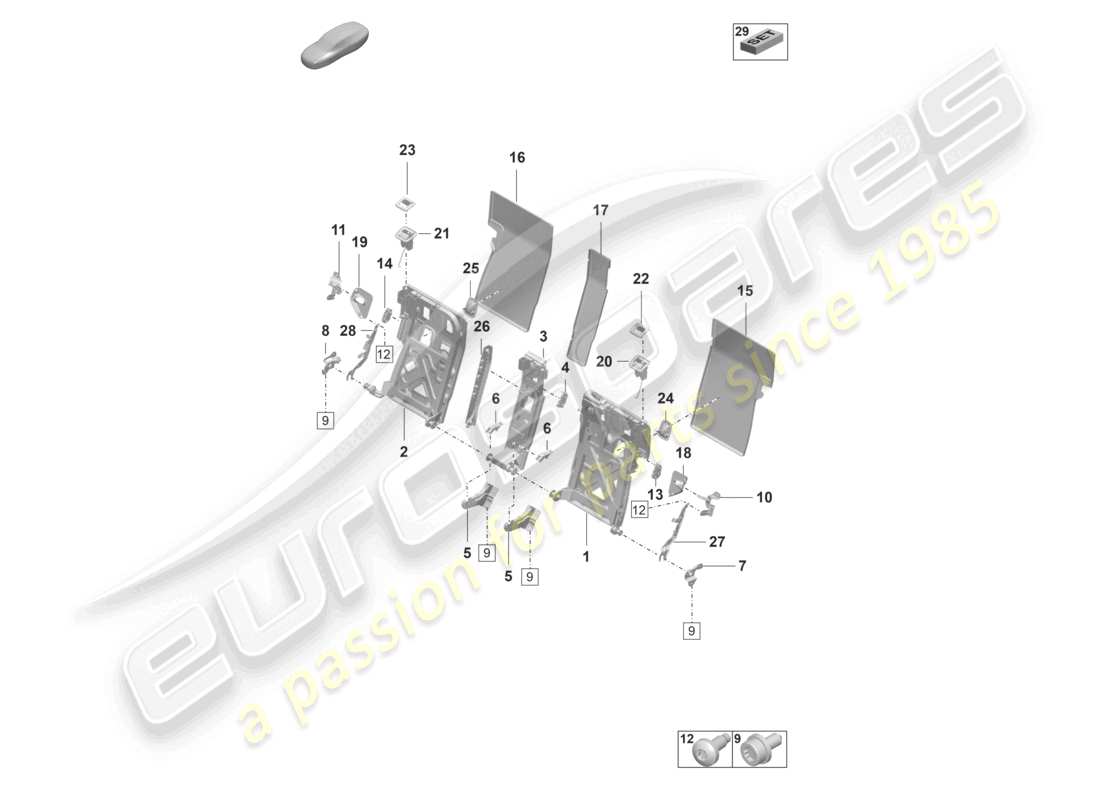 porsche 2023 (taycan 9j1-1) estructura del respaldo asiento confort diagrama de piezas
