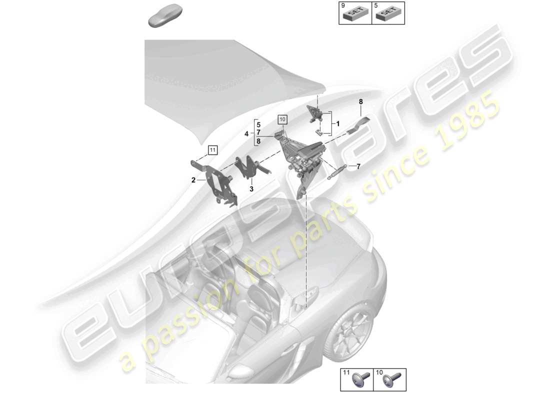 porsche 2021 (718 boxster spyder) diagrama de piezas de la aleta del dispositivo tensor