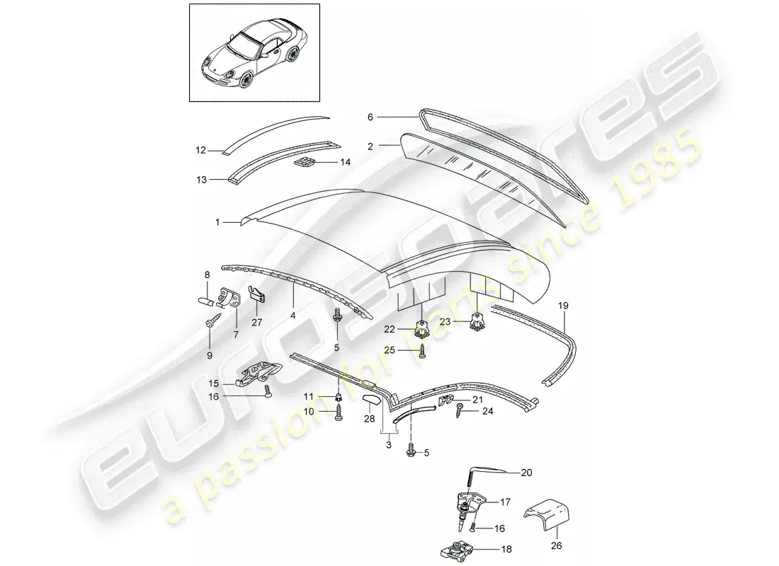 porsche 2011 (997-2) techo rígido diagrama de piezas