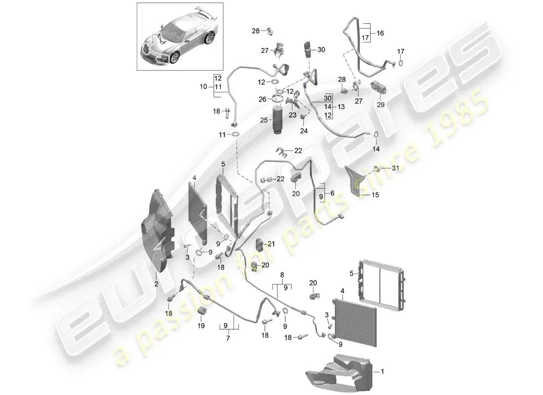 porsche 2017 (991-2 r/gt3/rs) circuito refrigerante diagrama de piezas