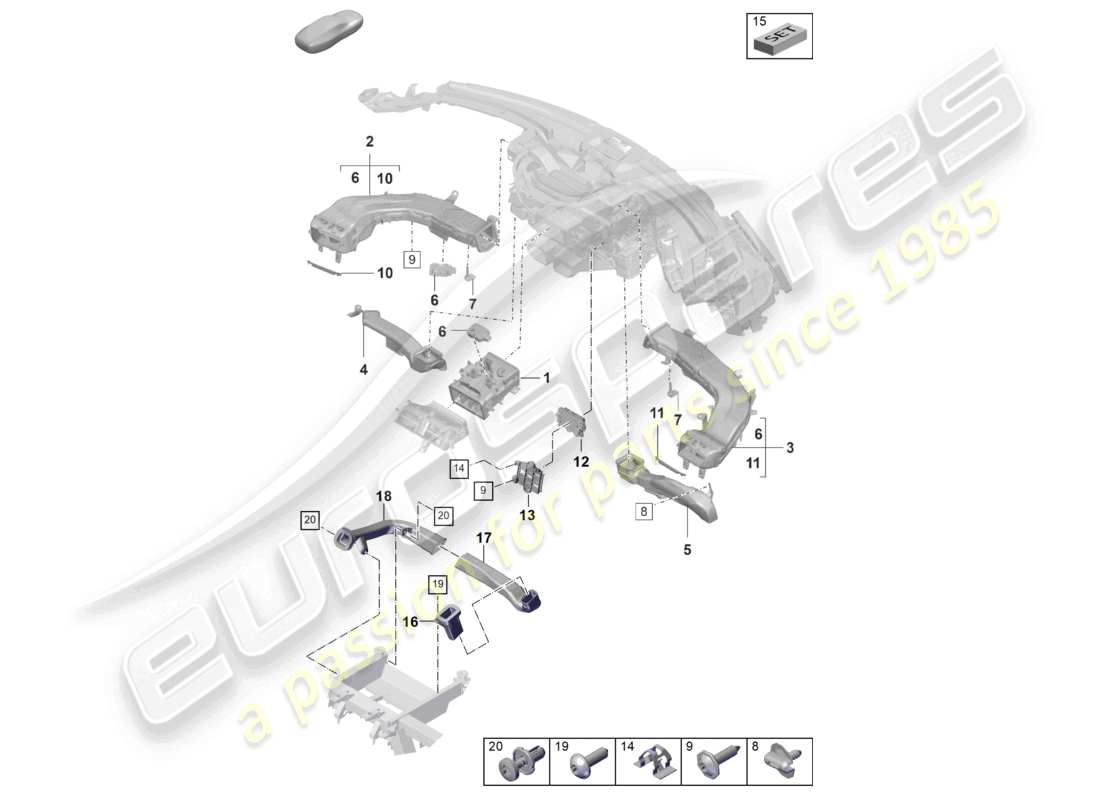 porsche 2022 (taycan 9j1-1) tablero de instrumentos de guía de aire diagrama de piezas
