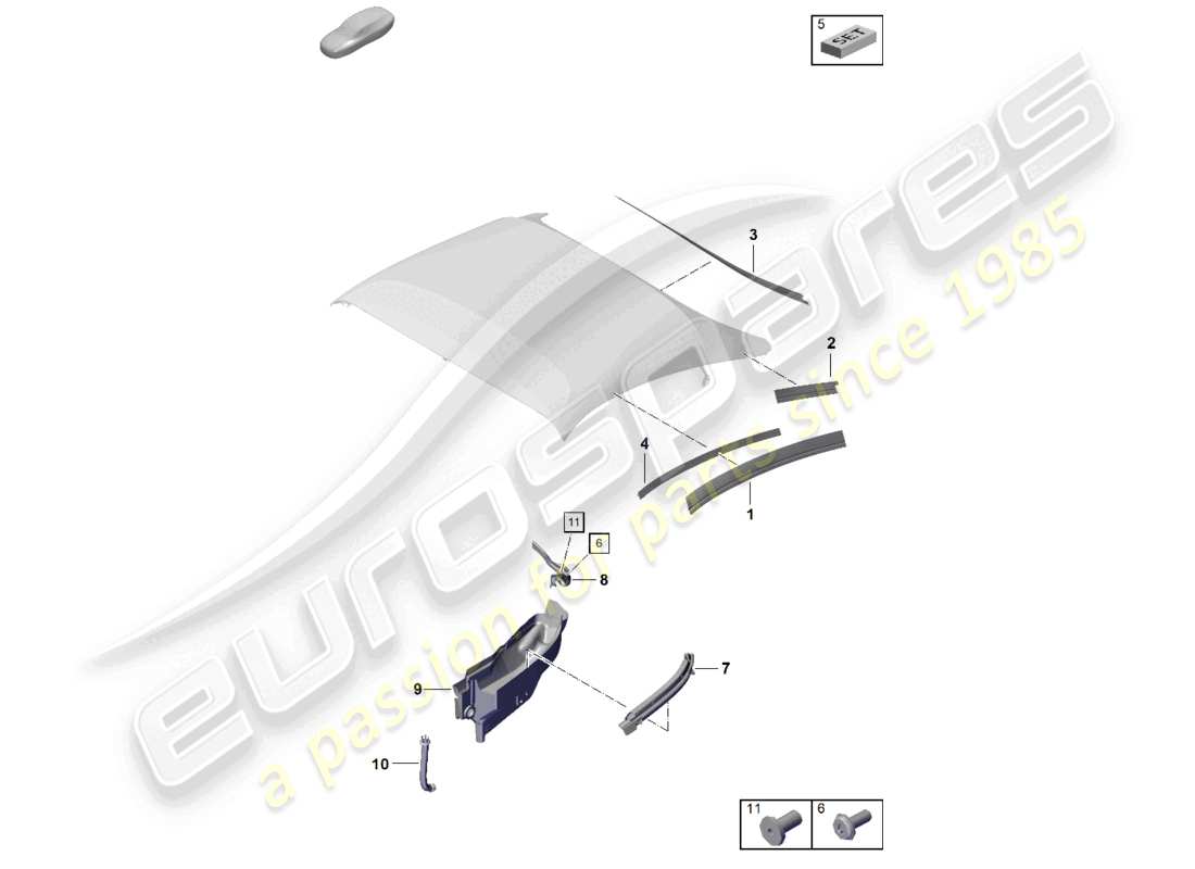 porsche 2022 (718 boxster spyder) diagrama de piezas de la bandeja recolectora de agua del sello de la capota convertible