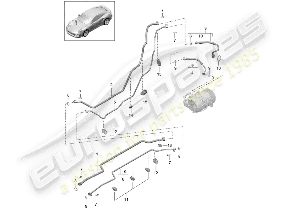 porsche 2016 (991-1 turbo) línea de refrigerante diagrama de piezas