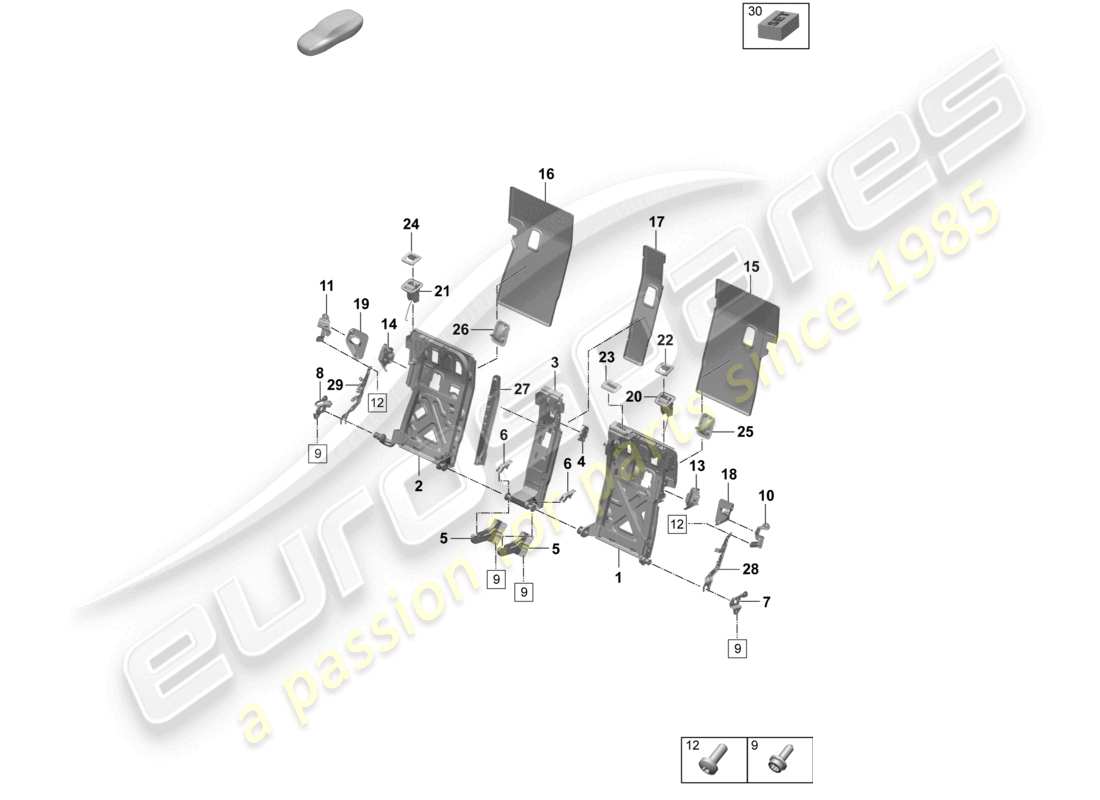 porsche 2025 (taycan 9j1-2) diagrama de piezas del asiento confort del marco del respaldo