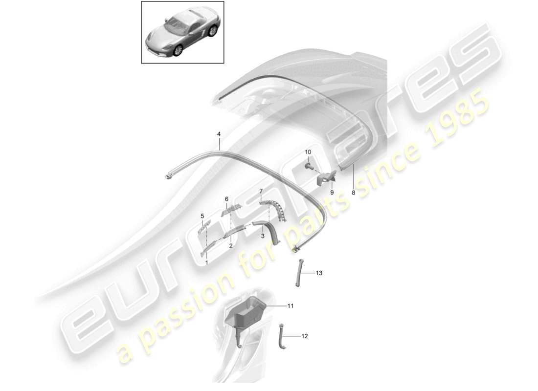 porsche 2023 (718 boxster) diagrama de piezas de la bandeja recolectora de agua del sello de la capota convertible