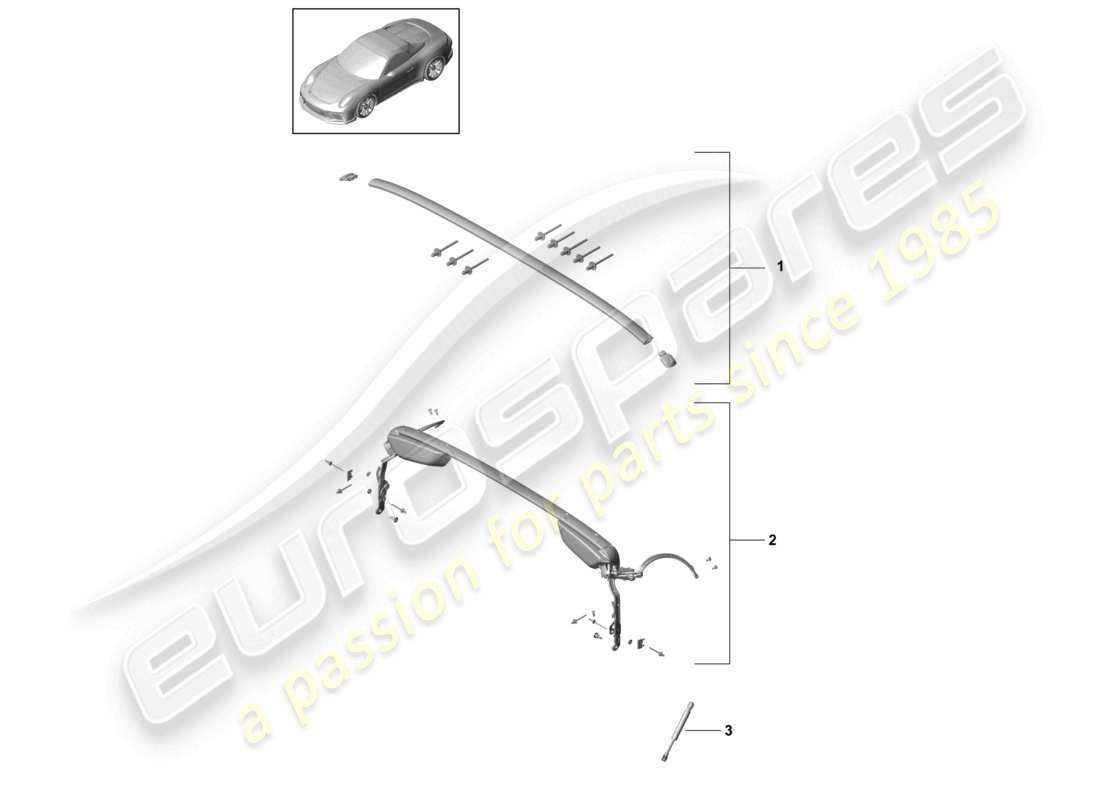 porsche 2021 (991-2 r/gt3/rs) marco superior arco del techo puntal lleno de gas diagrama de piezas
