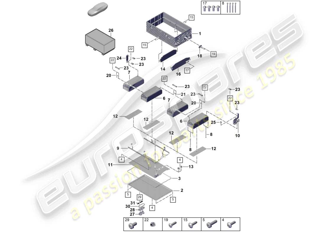porsche 2025 (cayenne e3 pa) batería híbrida inferior piezas individuales diagrama de piezas