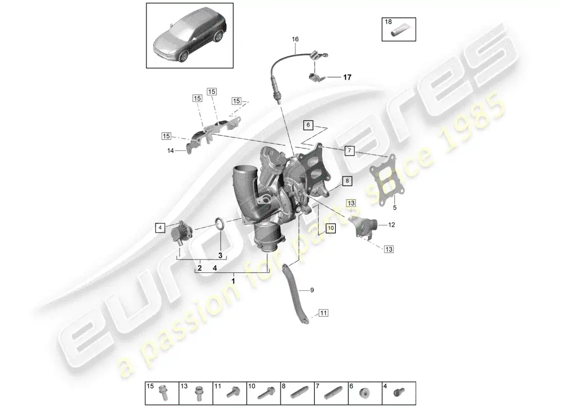 porsche 2019 (cayenne e3 9ya/9yb) turbocompresor de gases de escape diagrama de piezas