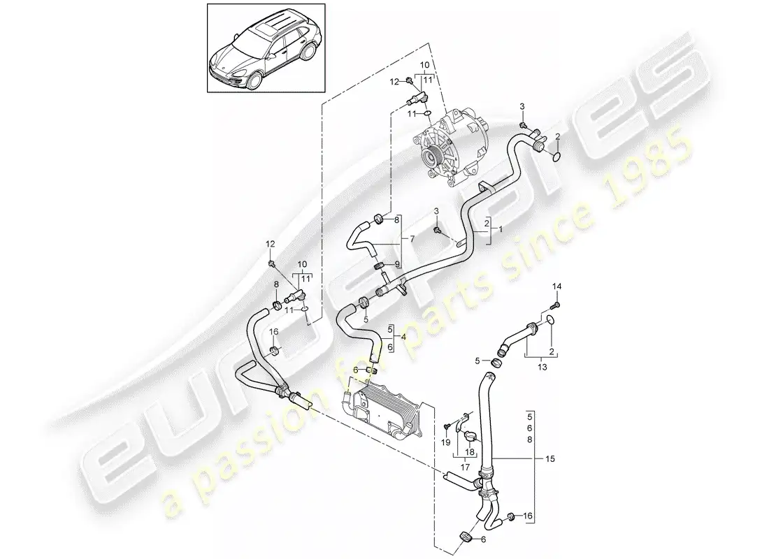 porsche 2013 (cayenne e2 92a) diagrama de piezas de refrigeración por agua