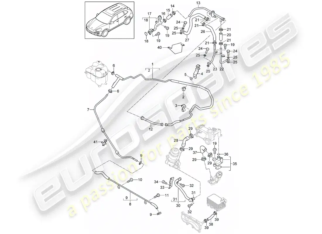 porsche 2013 (cayenne e2 92a) diagrama de piezas de refrigeración por agua