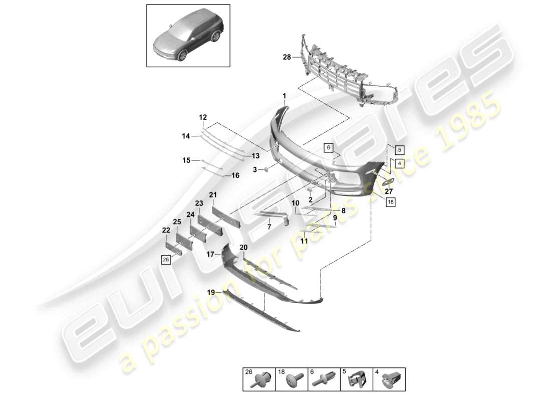 porsche 2024 (cayenne e3 9ya/9yb) diagrama de pieza del parachoques delantero