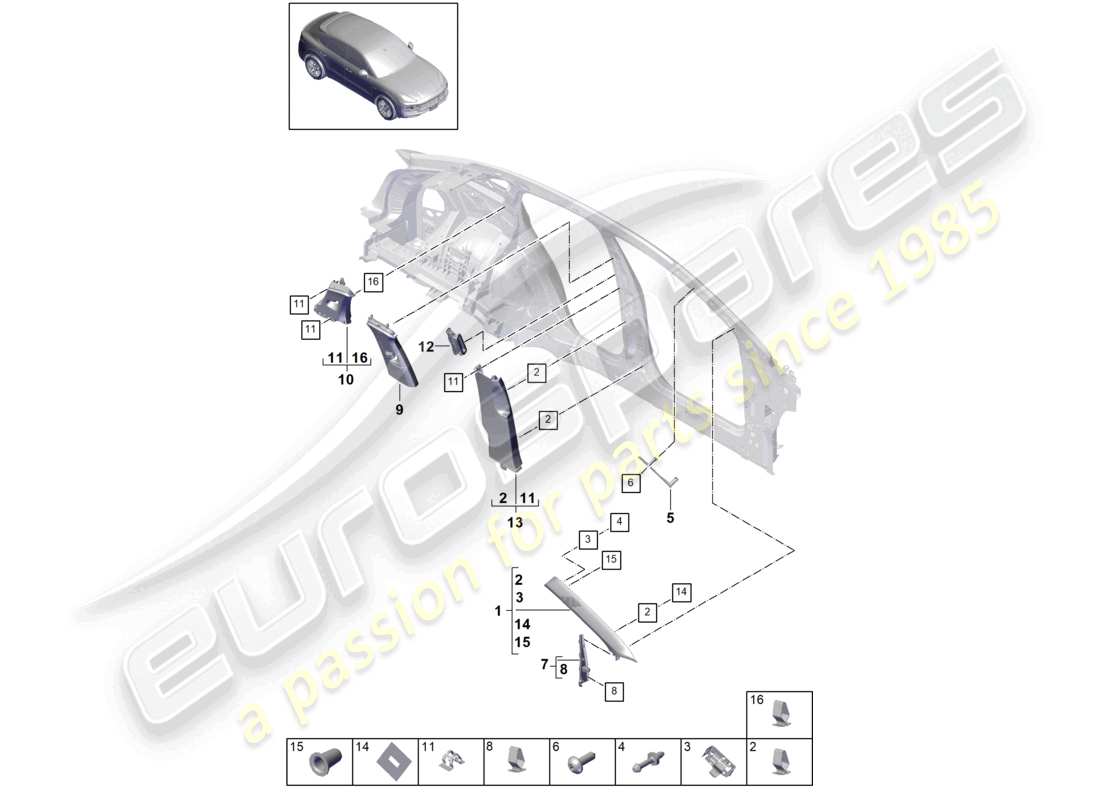 porsche 2022 (cayenne e3 9ya/9yb) molduras de pilar, molduras superiores del pilar a, molduras del pilar b, molduras del pilar c y elemento de deformación diagrama de piezas