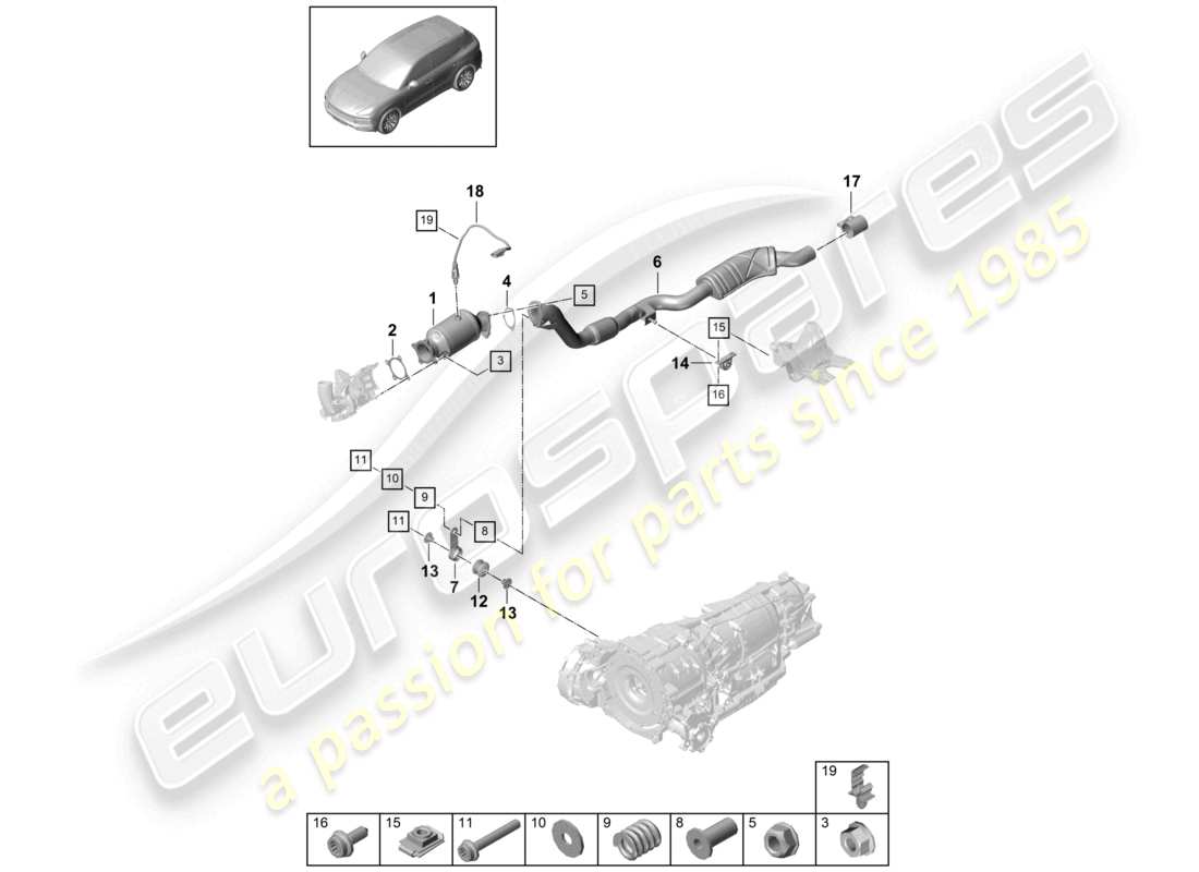 porsche 2022 (cayenne e3 9ya/9yb) sistema de escape convertidor catalítico tubo de escape con silenciador delantero sonda lambda diagrama de piezas