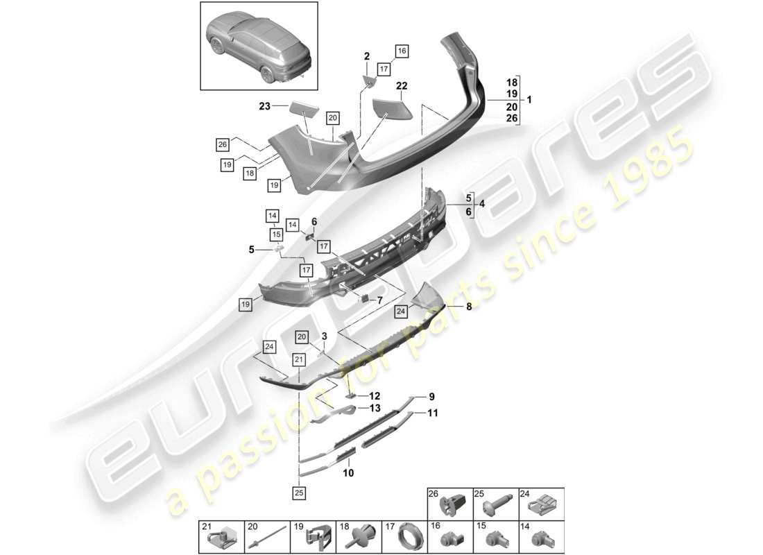 porsche 2024 (cayenne e3 9ya/9yb) diagrama de pieza del parachoques trasero