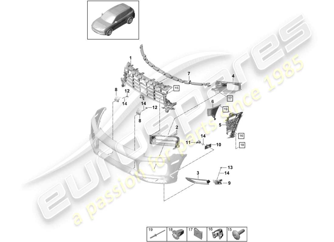 porsche 2022 (cayenne e3 9ya/9yb) parachoques delantero piezas individuales básicas y fijaciones paquete sport design diagrama de piezas