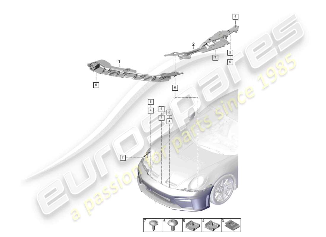 porsche 2025 (992-2 gt3) diagrama de piezas de sujeción del parachoques