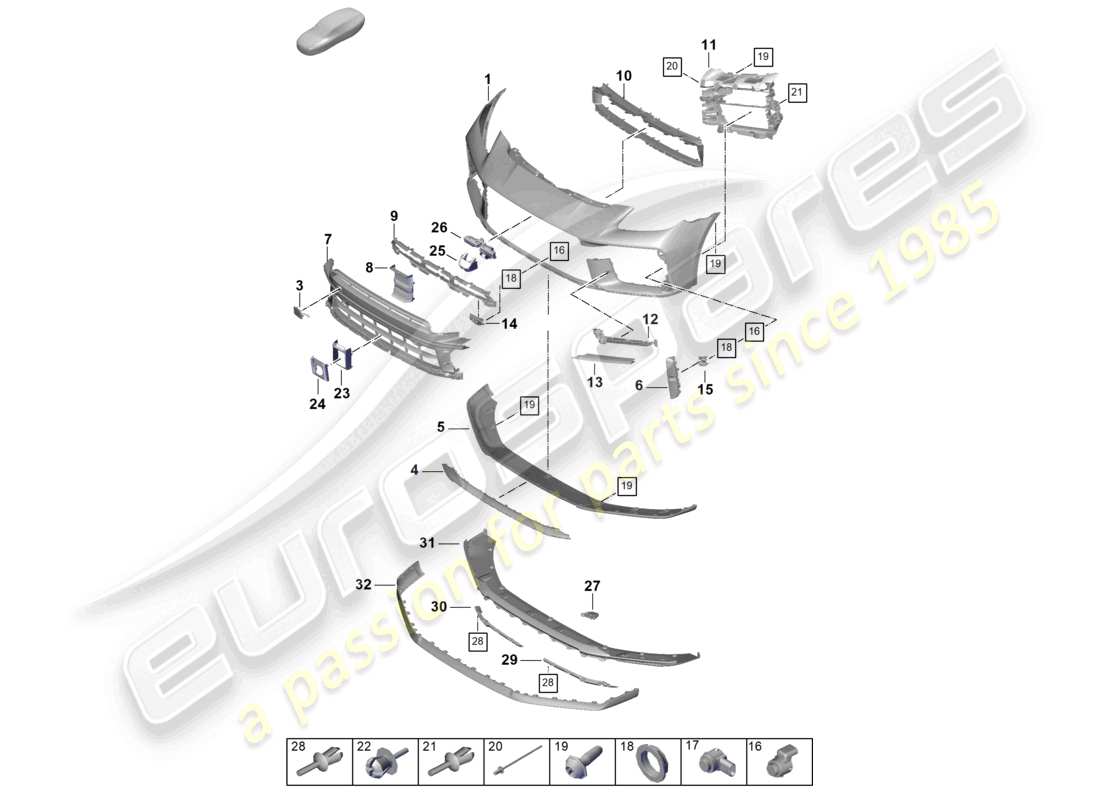 porsche 2025 (panamera 976) diagrama de pieza del parachoques delantero