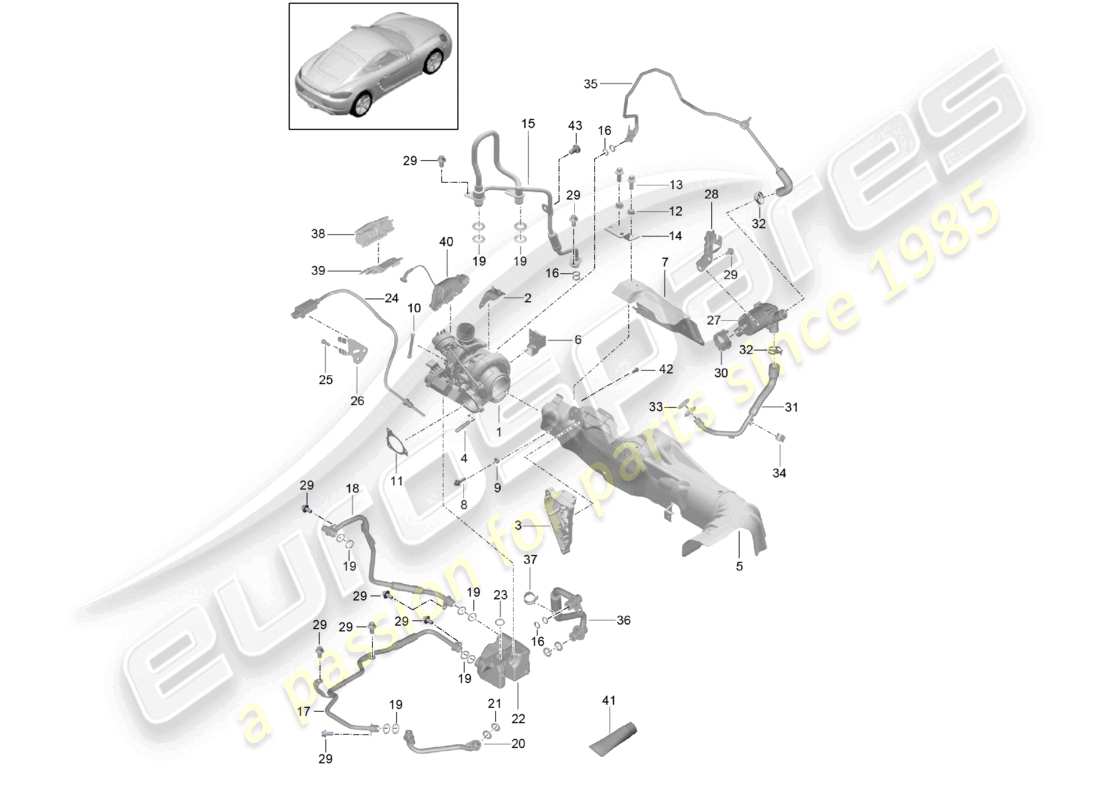 porsche 2022 (718 cayman) turbocompresor de gases de escape con: aislamiento térmico tubería de aceite tubería de refrigerante diagrama de piezas
