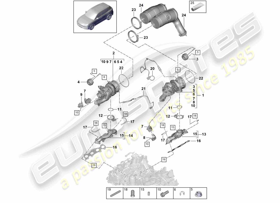 porsche 2022 (cayenne e3 9ya/9yb) turbocompresor de gases de escape colectores de escape sonda lambda diagrama de piezas