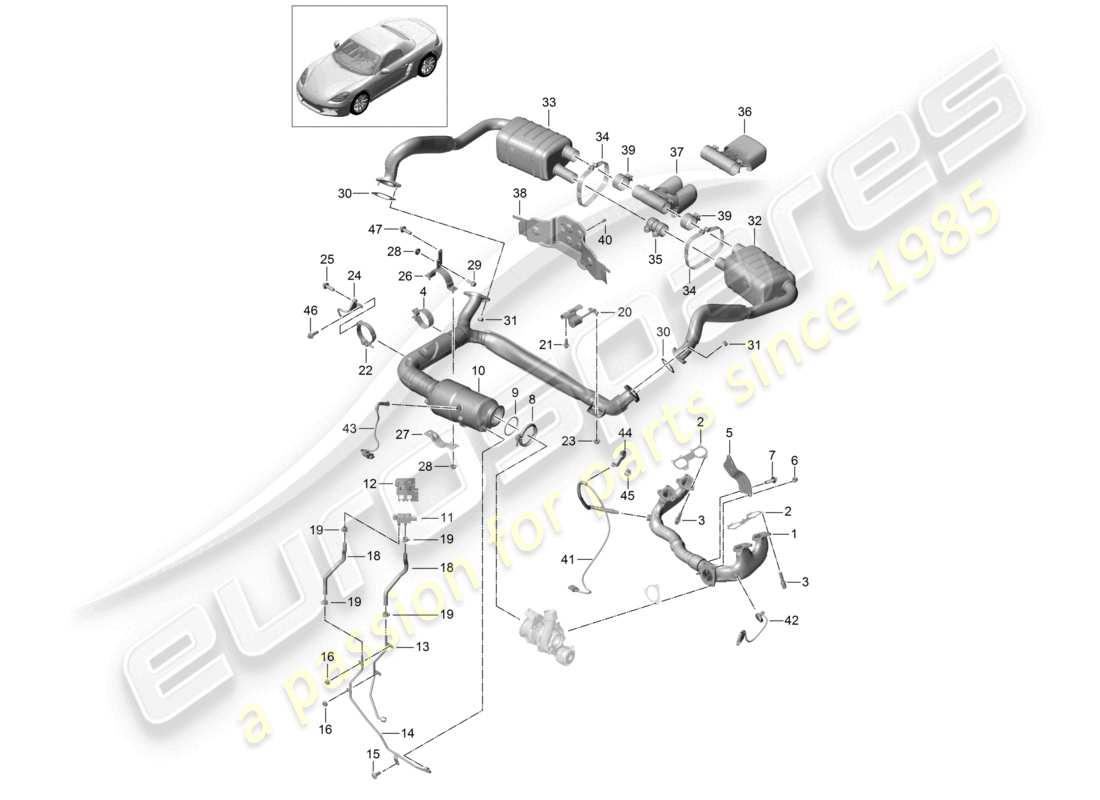 porsche 2024 (718 boxster) sistema de escape silenciador convertidor catalítico para vehículos con filtro de partículas de gasolina diagrama de piezas