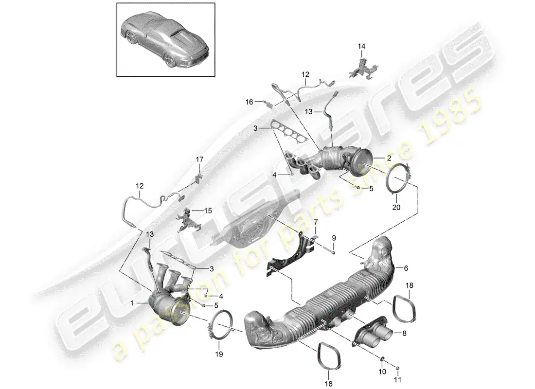 porsche 2014 (991-1 r/gt3/rs) sistema de escape diagrama de piezas