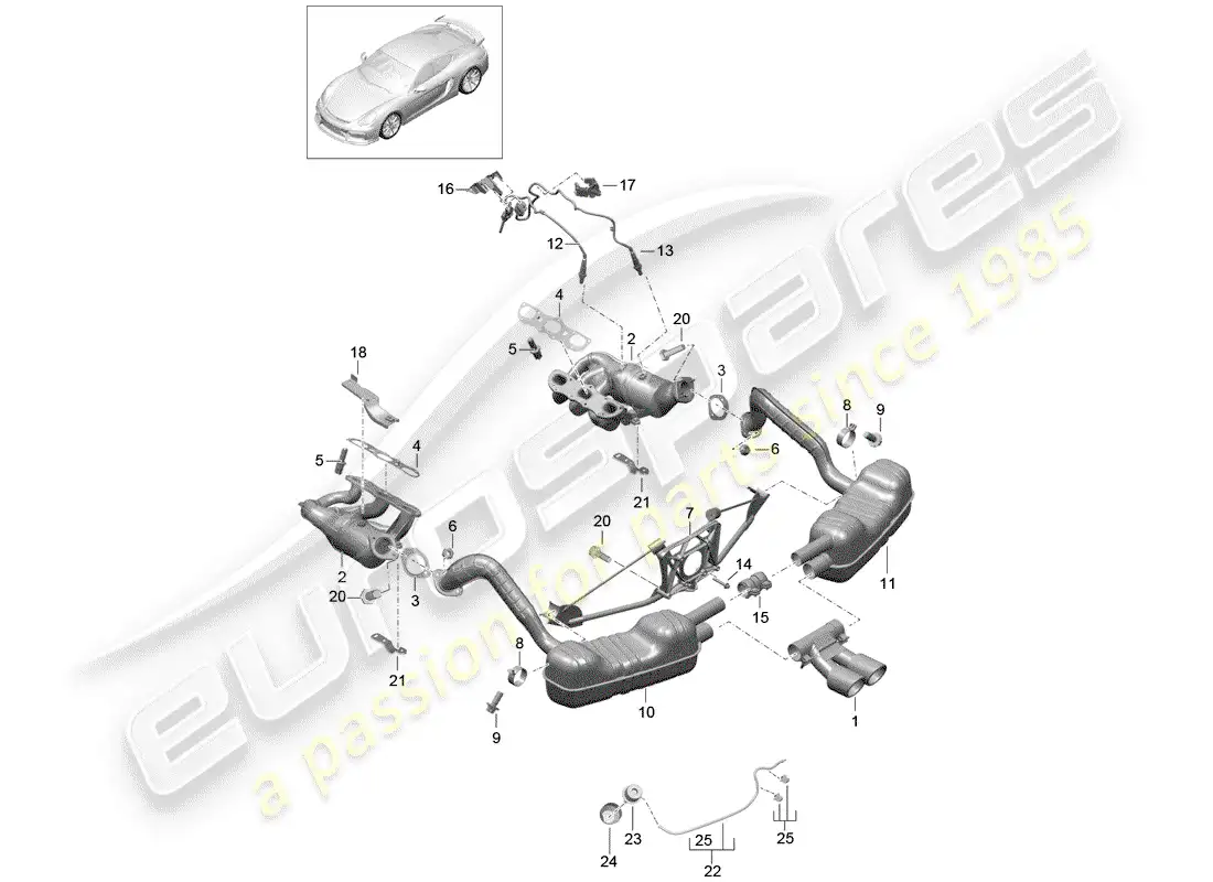 porsche 2016 (981 cayman gt4) sistema de escape diagrama de piezas