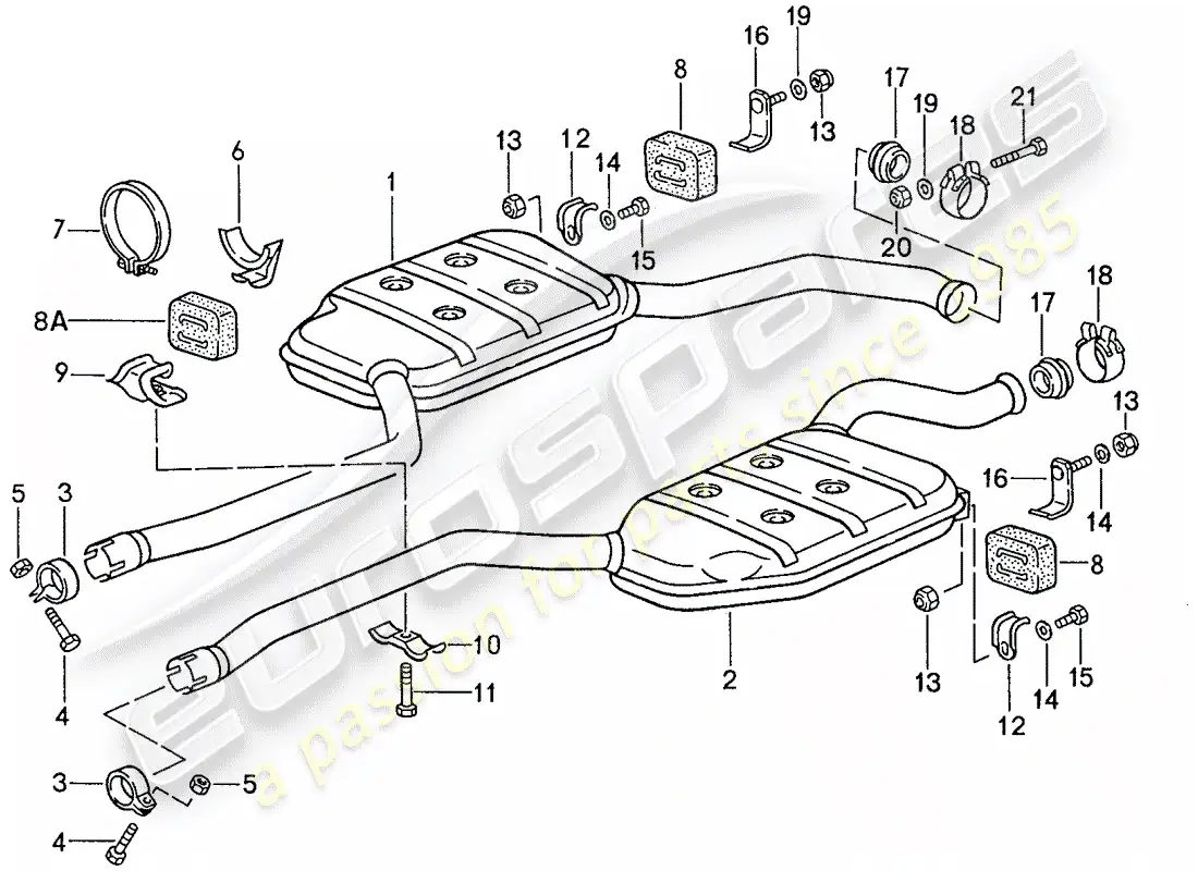 porsche 1990 (928) sistema de escape - silenciador intermedio diagrama de piezas