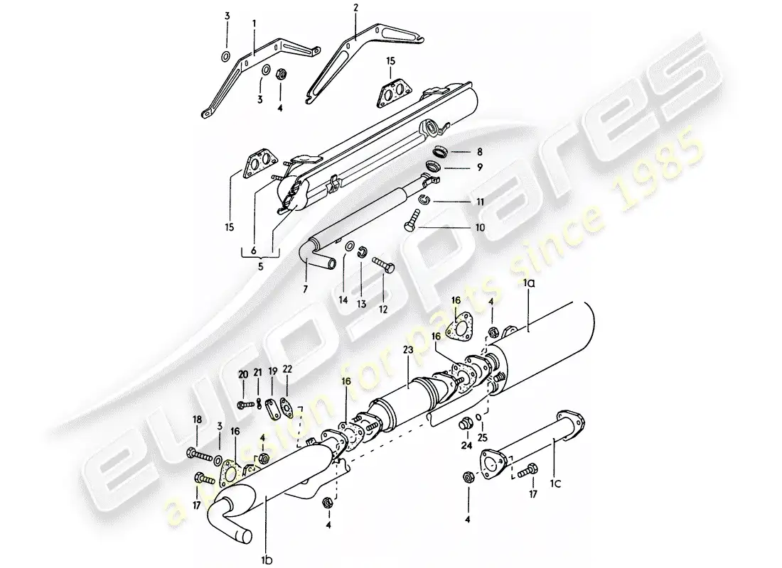 porsche 1971 (914) sistema de escape - silenciador diagrama de piezas