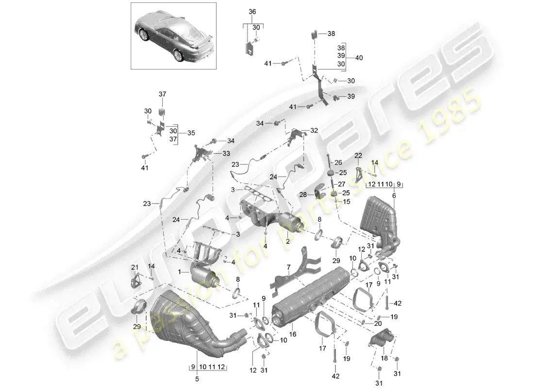 porsche 2014 (991-1 r/gt3/rs) sistema de escape diagrama de piezas