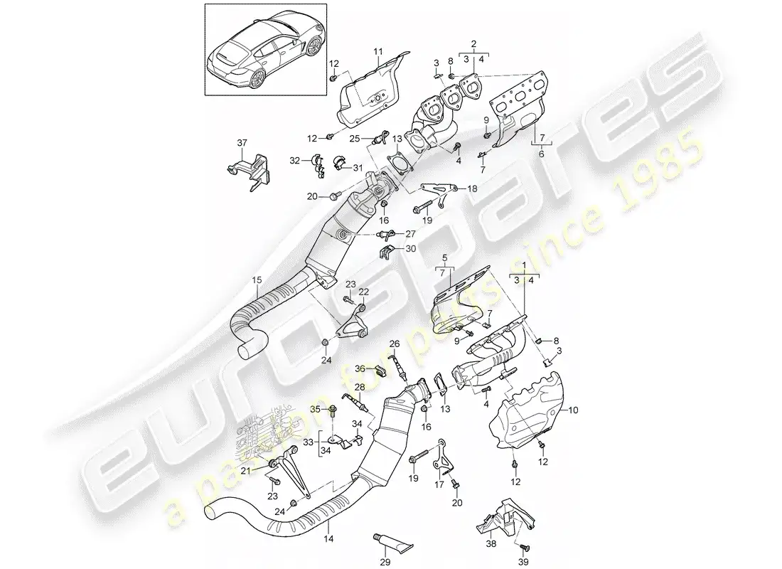 porsche 2011 (panamera 970) sistema de escape diagrama de piezas