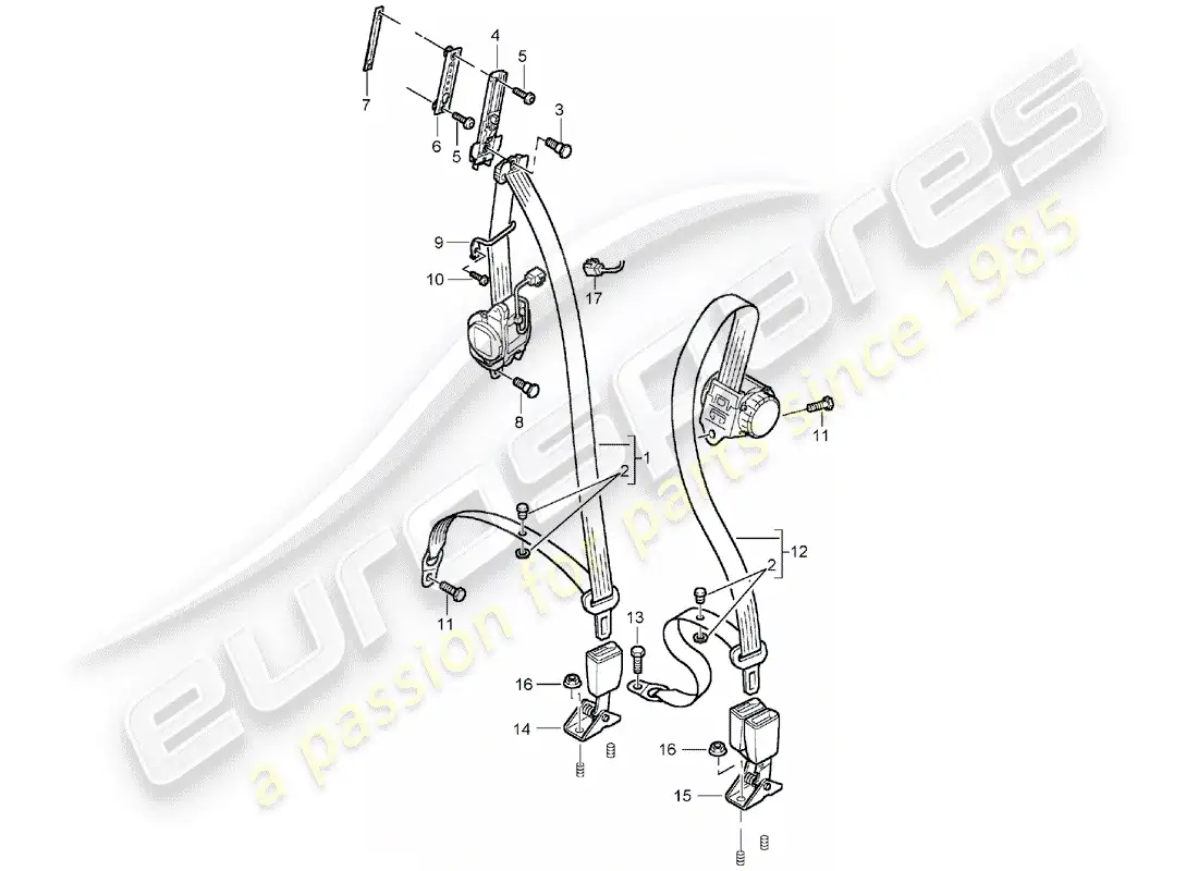 porsche 2003 (cayenne e1 9pa) cinturón de seguridad de tres puntos diagrama de piezas