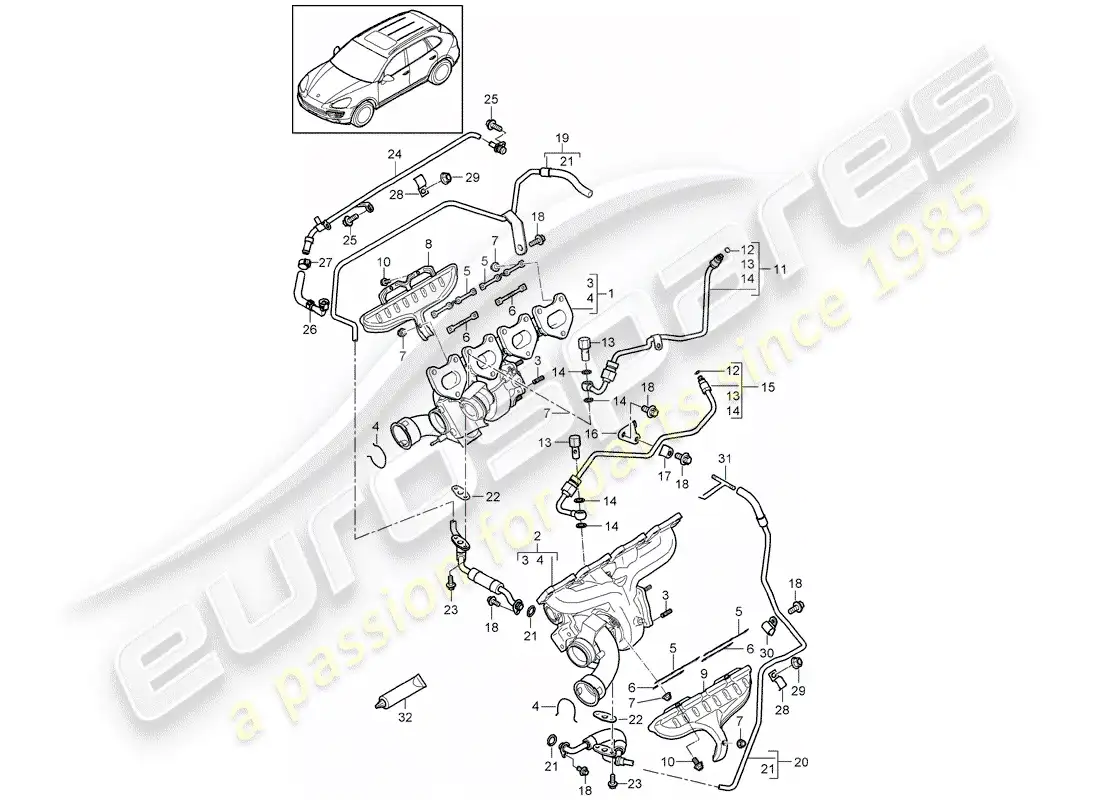 porsche 2016 (cayenne e2 92a) turbocompresor de gases de escape diagrama de piezas