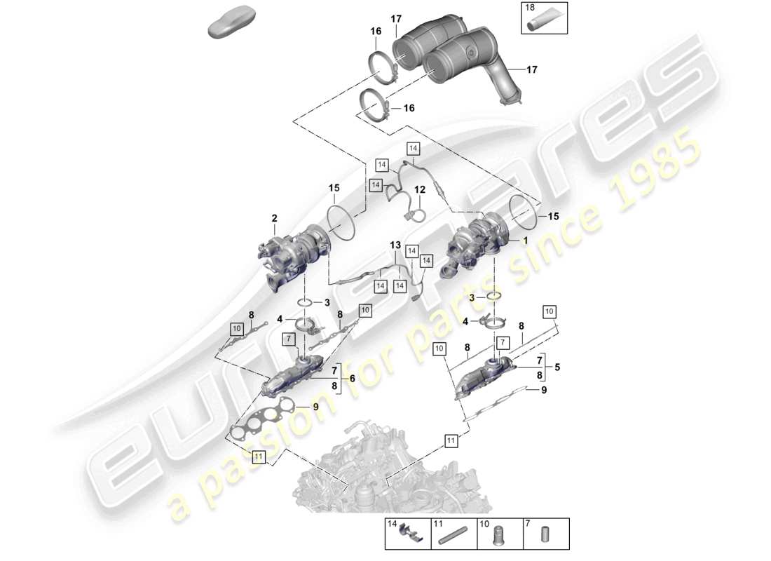 porsche 2023 (cayenne e3 pa) turbocompresor de gases de escape colectores de escape sonda lambda diagrama de piezas