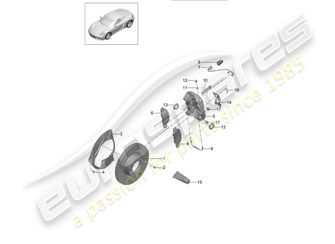 porsche 2021 (718 cayman) diagrama de piezas del eje delantero del freno de disco