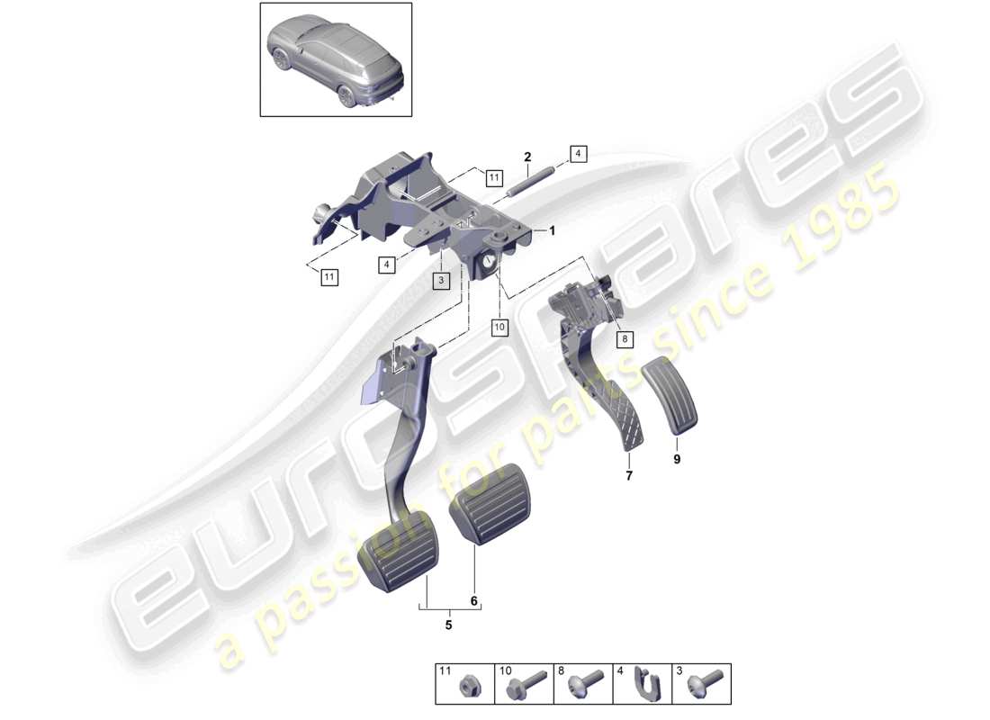 porsche 2024 (cayenne e3 9ya/9yb) diagrama de piezas del mecanismo de palanca de freno y aceleración lhd