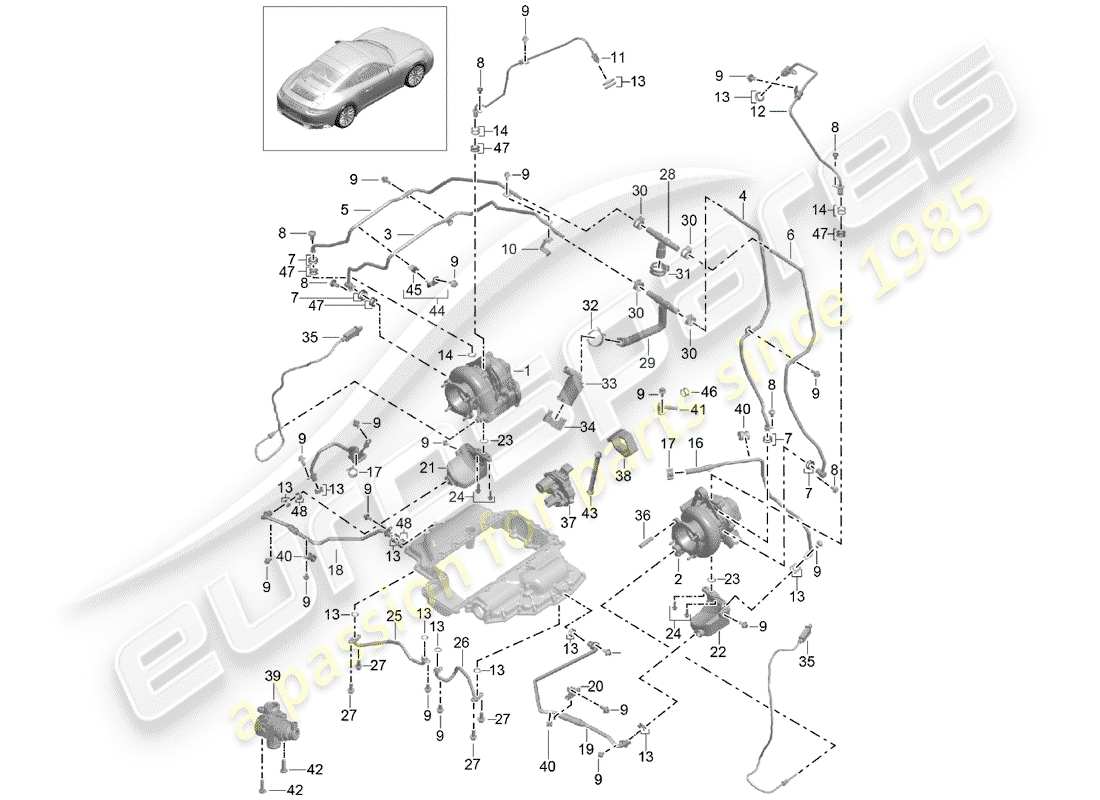 porsche 991 turbo (2018) diagrama de piezas del turbocompresor de gas de escape