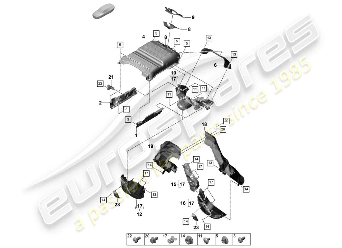 porsche 2022 (panamera 971-2) sistema de escape aislamiento térmico canal de guía de aire para vehículos con filtro de partículas de gasolina diagrama de piezas