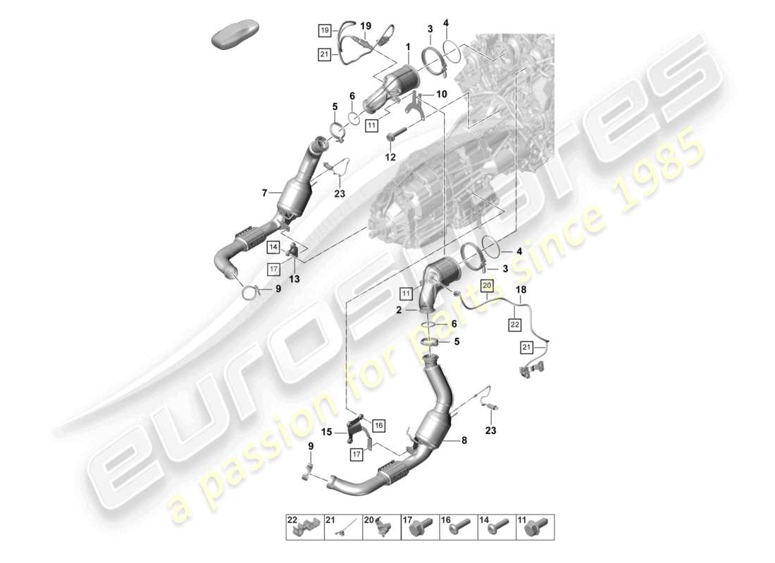 porsche 2022 (panamera 971-2) sistema de escape convertidor catalítico filtro de partículas de gasolina sonda lambda diagrama de piezas