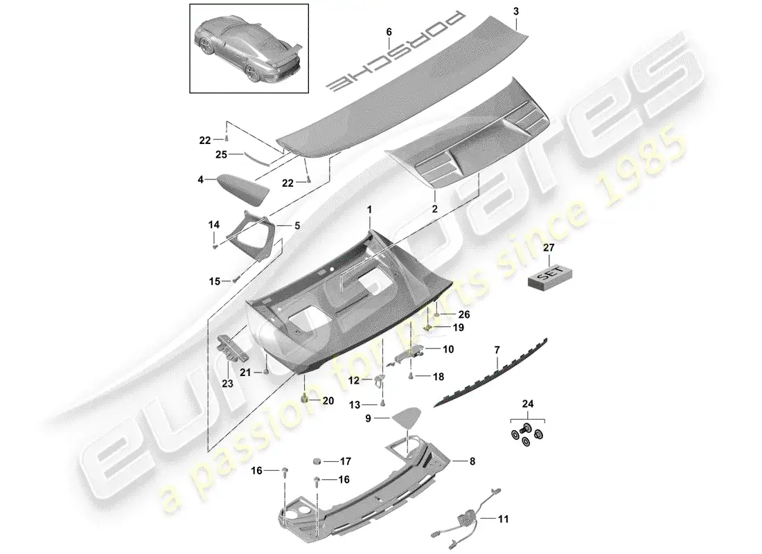 porsche 2016 (991-1 r/gt3/rs) tapa del maletero trasero diagrama de piezas