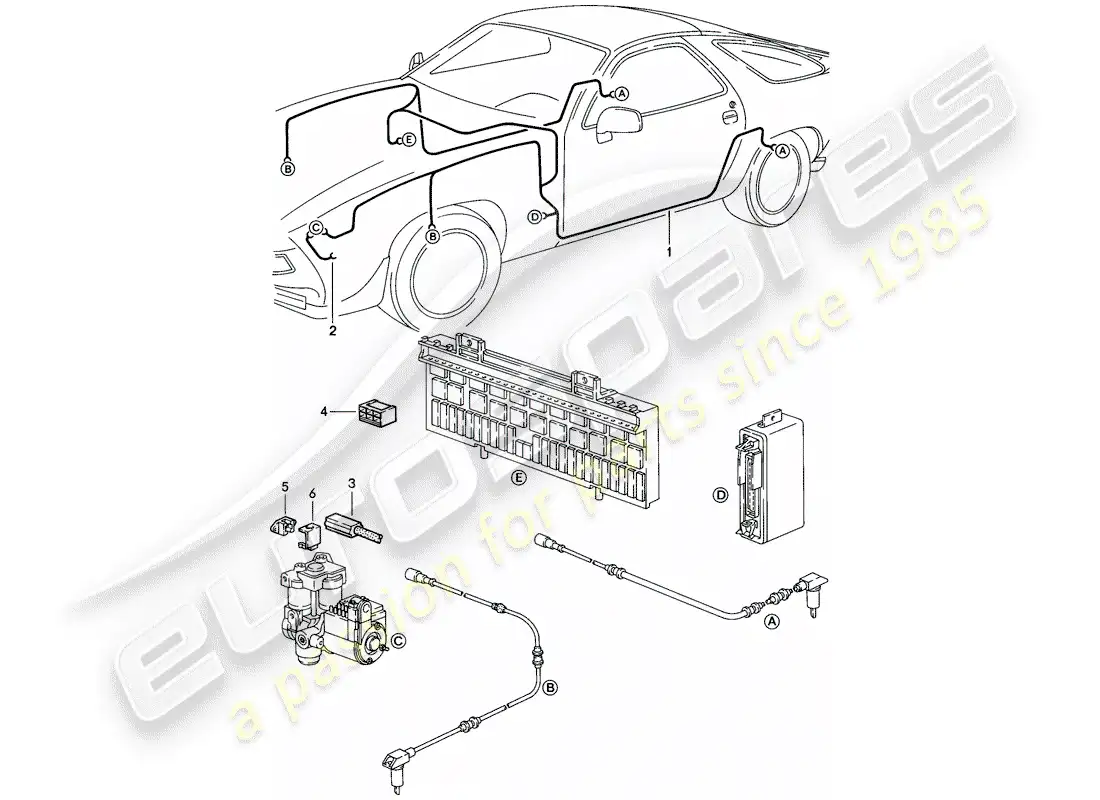 porsche 1985 (928) mazo de cables - sistema de freno antibloqueo -abdominales- diagrama de piezas